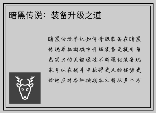 暗黑传说：装备升级之道